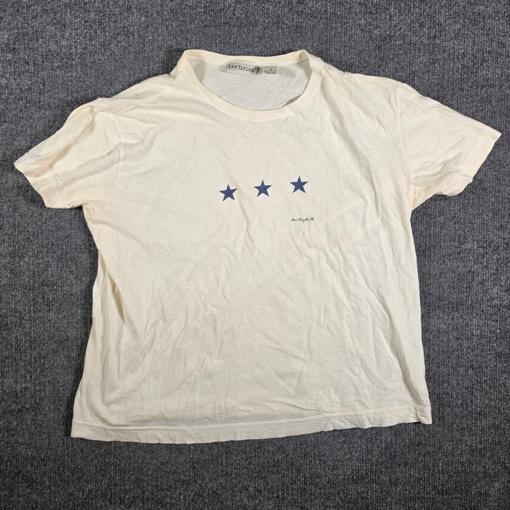 Vintage Ann Taylor 1996 Star Graphic T-Shirt Cream Cotton Made in USA Small